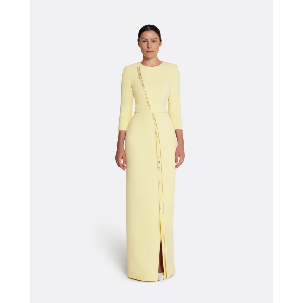 Safiyaa Tosavetta Long Dress in Pale Yellow with Gold - Safiyaa Dresses - Heavy Crepe Cape Gown - Shop at Luxury Shoes 