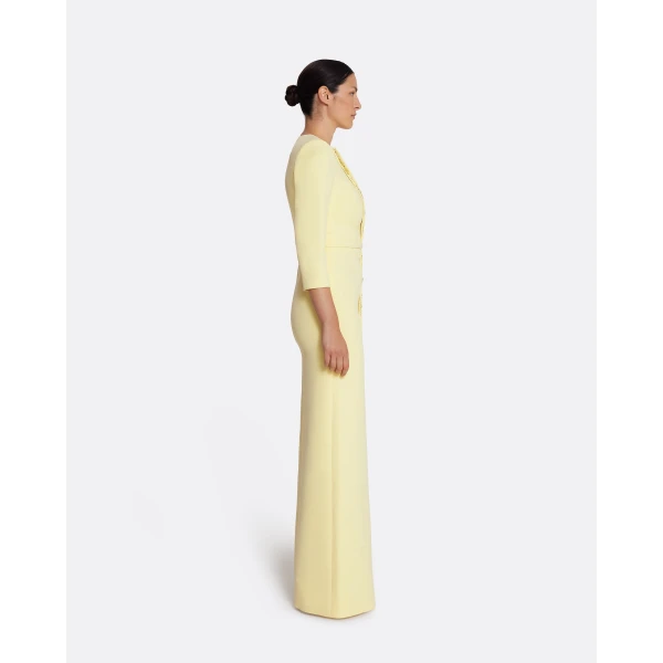 Safiyaa Tosavetta Long Dress in Pale Yellow with Gold - Safiyaa Dresses - Heavy Crepe Cape Gown - Shop at Luxury Shoes 