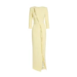 Safiyaa Tosavetta Long Dress in Pale Yellow with Gold - Safiyaa Dresses - Heavy Crepe Cape Gown - Shop at Luxury Shoes 