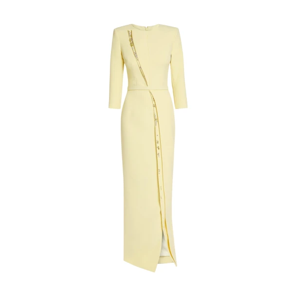 Safiyaa Tosavetta Long Dress in Pale Yellow with Gold - Safiyaa Dresses - Heavy Crepe Cape Gown - Shop at Luxury Shoes 