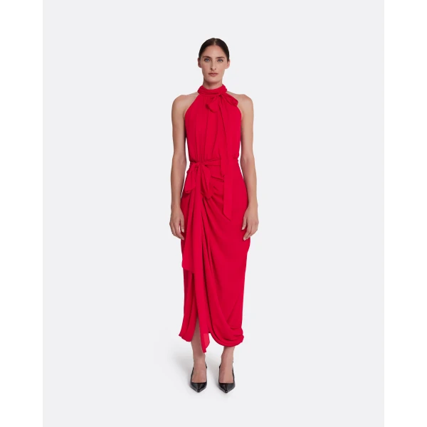Safiyaa Valentina Midi Dress in Azalea Red - Safiyaa Dresses - Heavy Crepe Cape Gown - Shop at Luxury Shoes 