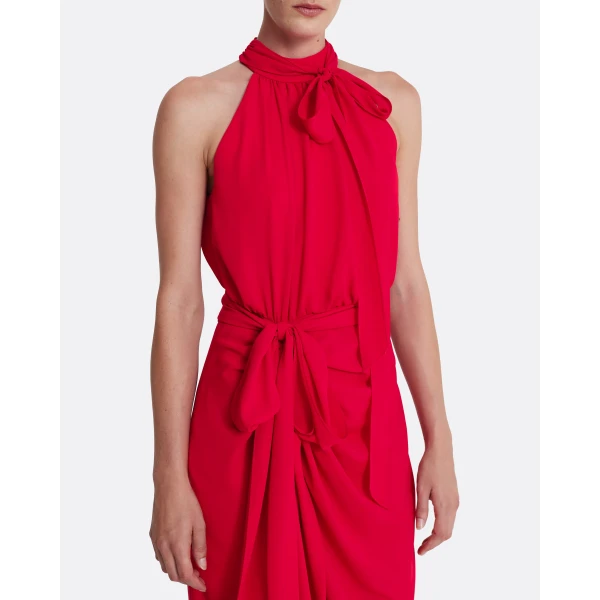 Safiyaa Valentina Midi Dress in Azalea Red - Safiyaa Dresses - Heavy Crepe Cape Gown - Shop at Luxury Shoes 