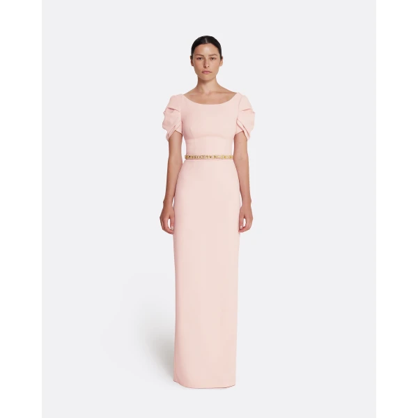 Safiyaa Vanna Long Dress in Pale Pink with Gold - Safiyaa Dresses - Heavy Crepe Cape Gown - Shop at Luxury Shoes 