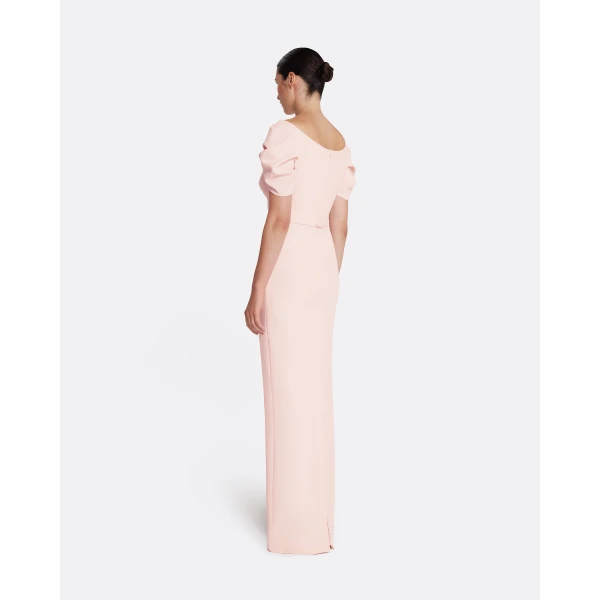 Safiyaa Vanna Long Dress in Pale Pink with Gold - Safiyaa Dresses - Heavy Crepe Cape Gown - Shop at Luxury Shoes 