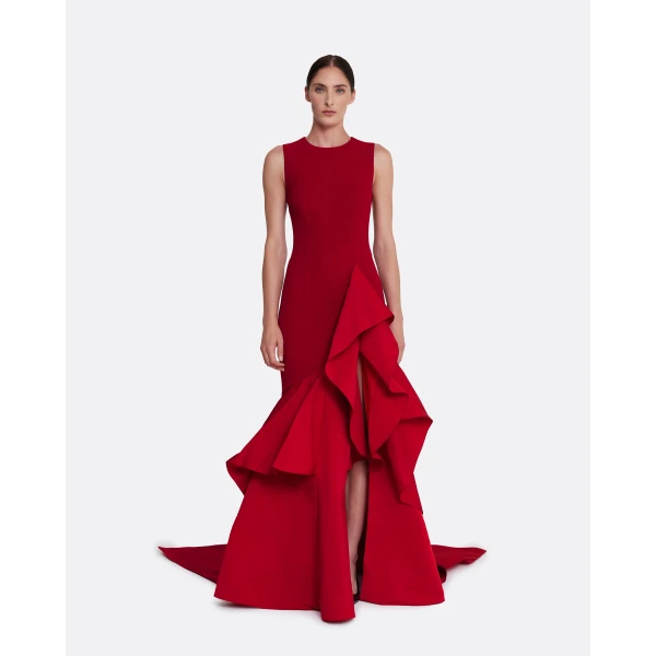 Safiyaa Viviana Long Dress in Lacquer Red on Azalea Red - Safiyaa Dresses - Heavy Crepe Cape Gown - Shop at Luxury Shoes 