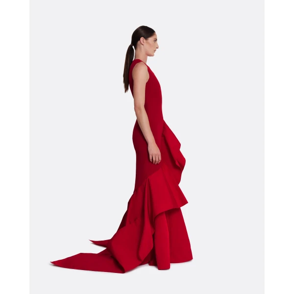 Safiyaa Viviana Long Dress in Lacquer Red on Azalea Red - Safiyaa Dresses - Heavy Crepe Cape Gown - Shop at Luxury Shoes 