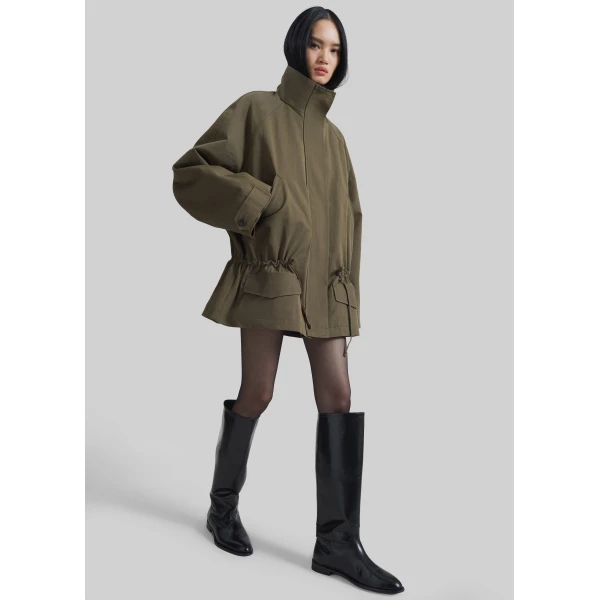 The Frankie Shop Alesie Drawstring Jacket - Olive Brown - Oversized Minimalist Jackets in Green - Shop at Luxury Shoes 