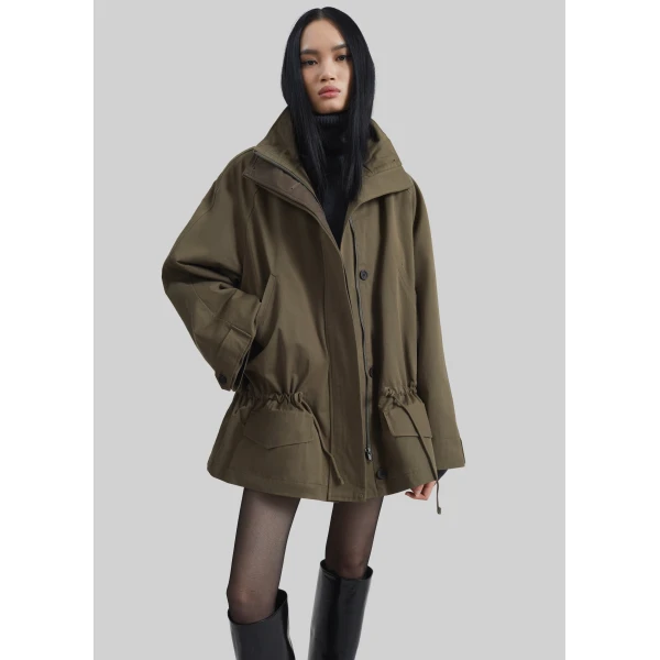 The Frankie Shop Alesie Drawstring Jacket - Olive Brown - Oversized Minimalist Jackets in Green - Shop at Luxury Shoes 