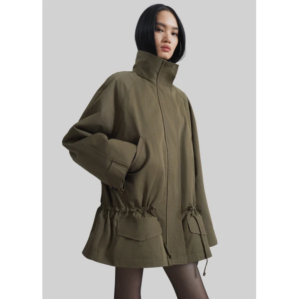 The Frankie Shop Alesie Drawstring Jacket - Olive Brown - Oversized Minimalist Jackets in Green - Shop at Luxury Shoes 