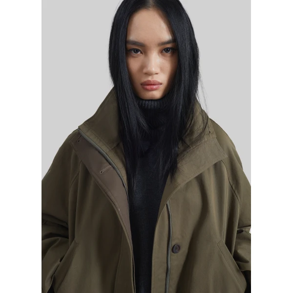 The Frankie Shop Alesie Drawstring Jacket - Olive Brown - Oversized Minimalist Jackets in Green - Shop at Luxury Shoes 