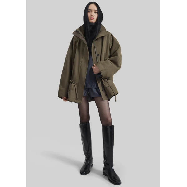 The Frankie Shop Alesie Drawstring Jacket - Olive Brown - Oversized Minimalist Jackets in Green - Shop at Luxury Shoes 