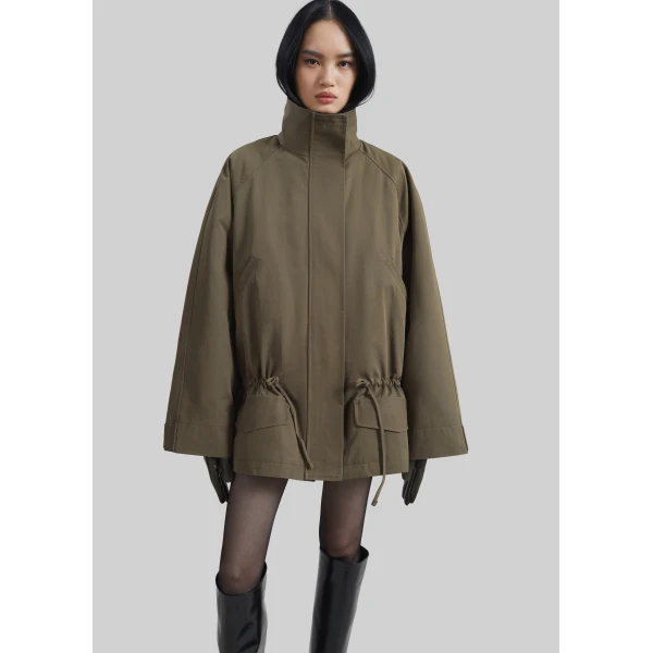 The Frankie Shop Alesie Drawstring Jacket - Olive Brown - Oversized Minimalist Jackets in Green - Shop at Luxury Shoes 