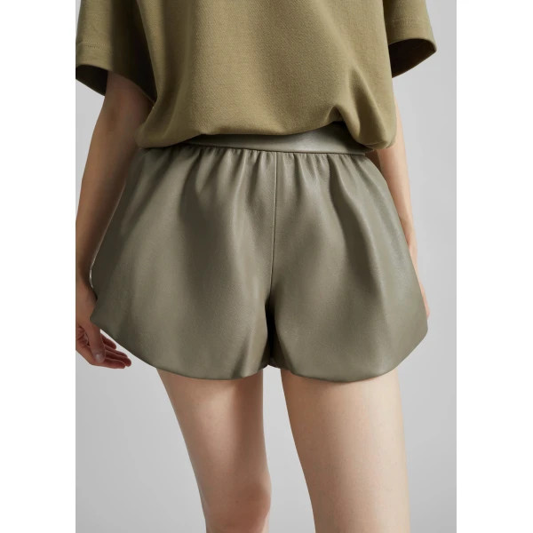 The Frankie Shop Alina Faux Leather Bubble Hem Shorts - Sage - Oversized Minimalist Shorts in Green - Shop at Luxury Shoes 