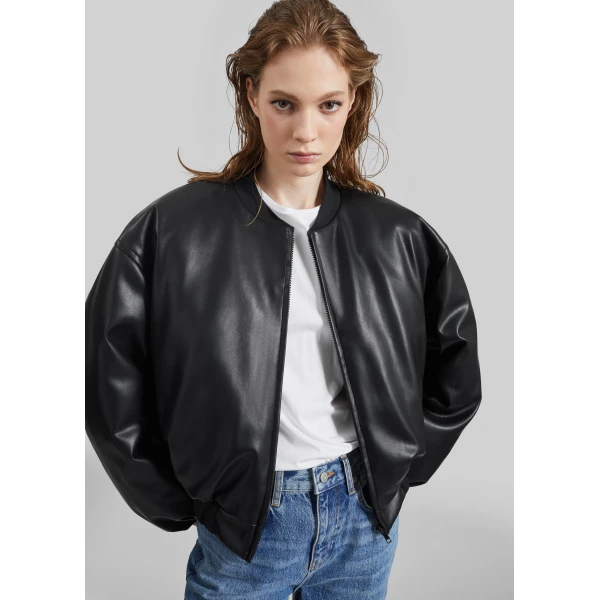 The Frankie Shop Arolla Faux Leather Draped Jacket - Black - Oversized Minimalist Jackets in Black - Shop at Luxury Shoes 