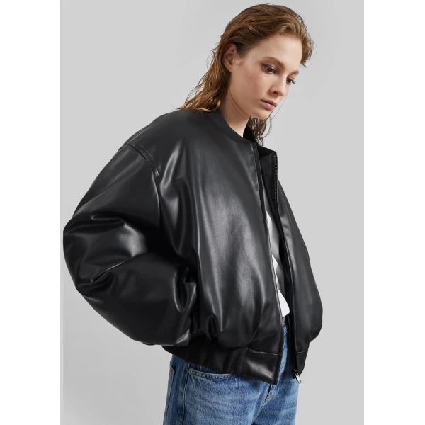 The Frankie Shop Arolla Faux Leather Draped Jacket - Black - Oversized Minimalist Jackets in Black - Shop at Luxury Shoes 