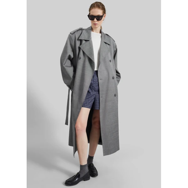 The Frankie Shop Bleecker Trench Coat - Grey Melange - Oversized Minimalist Coats in Grey - Shop at Luxury Shoes 