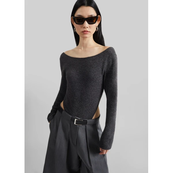 The Frankie Shop Civray Brushed Knit Bodysuit - Charcoal - Oversized Minimalist Knitwear in Grey - Shop at Luxury Shoes 