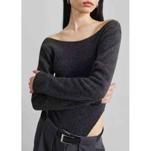The Frankie Shop Civray Brushed Knit Bodysuit - Charcoal - Oversized Minimalist Knitwear in Grey - Shop at Luxury Shoes 