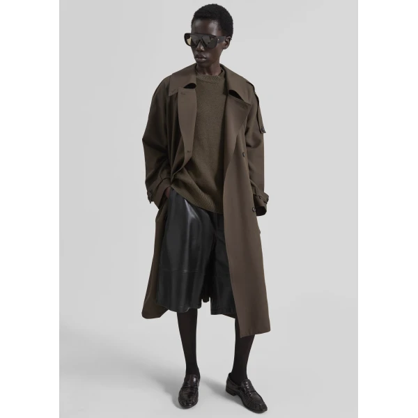 The Frankie Shop Dartford Trench Coat - Olive Brown - Oversized Minimalist Coats in Green - Shop at Luxury Shoes 