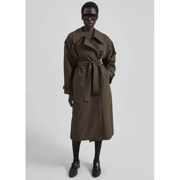 The Frankie Shop Dartford Trench Coat - Olive Brown - Oversized Minimalist Coats in Green - Shop at Luxury Shoes 