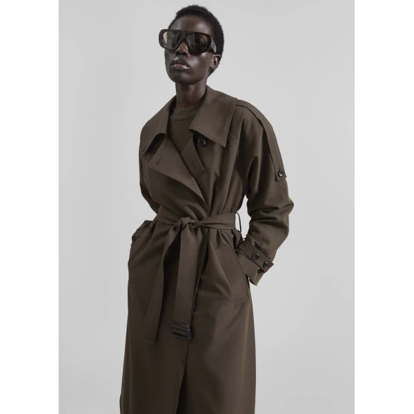The Frankie Shop Dartford Trench Coat - Olive Brown - Oversized Minimalist Coats in Green - Shop at Luxury Shoes 