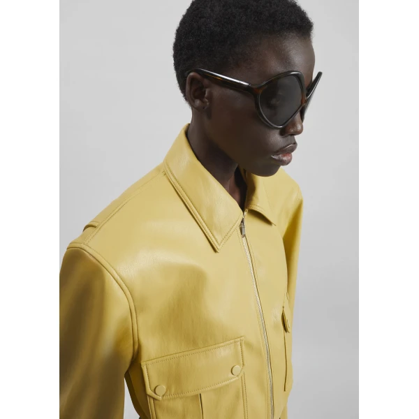 The Frankie Shop Denain Faux Leather Cropped Bomber Jacket - Yellow - Oversized Minimalist Jackets in Yellow - Shop at Luxury Shoes 