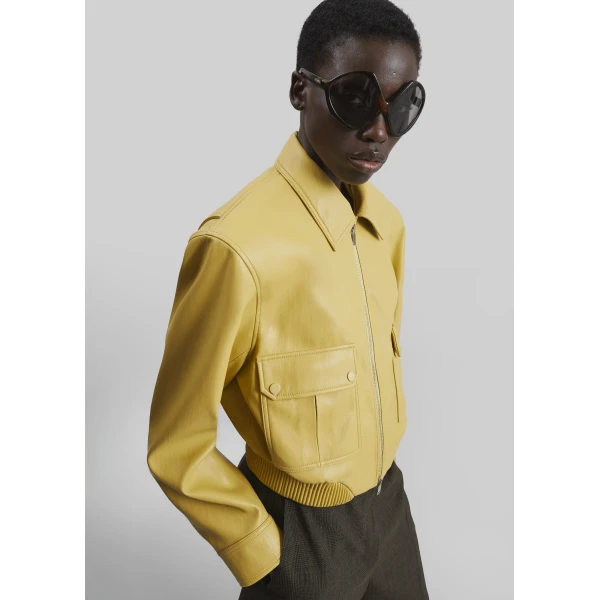 The Frankie Shop Denain Faux Leather Cropped Bomber Jacket - Yellow - Oversized Minimalist Jackets in Yellow - Shop at Luxury Shoes 