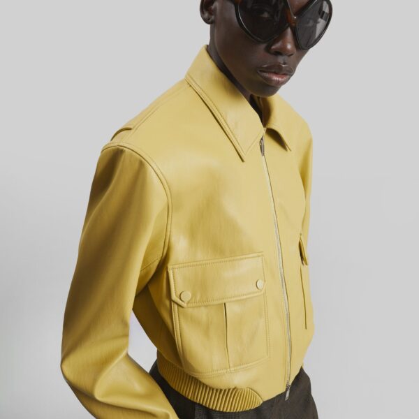 The Frankie Shop Denain Faux Leather Cropped Bomber Jacket – Yellow, view 3