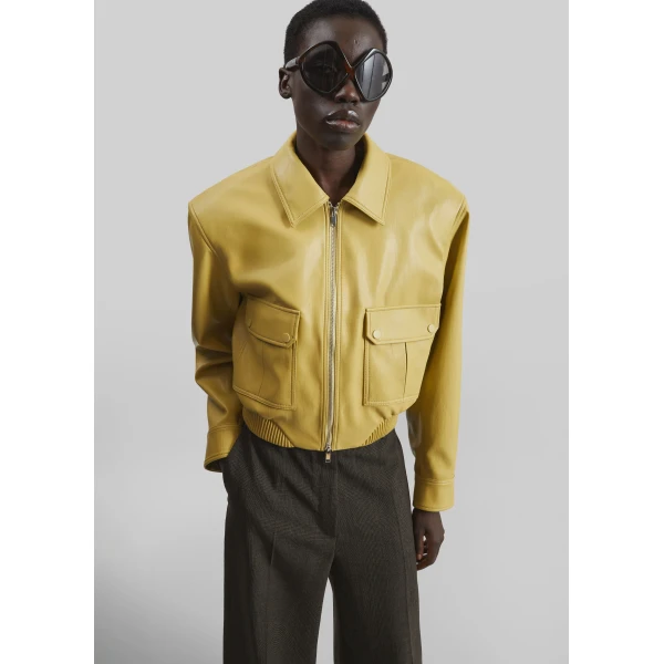 The Frankie Shop Denain Faux Leather Cropped Bomber Jacket - Yellow - Oversized Minimalist Jackets in Yellow - Shop at Luxury Shoes 