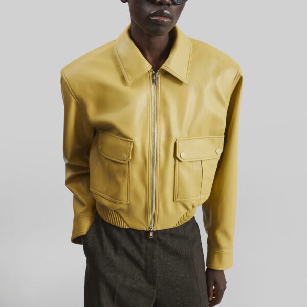 The Frankie Shop Denain Faux Leather Cropped Bomber Jacket – Yellow, view 4