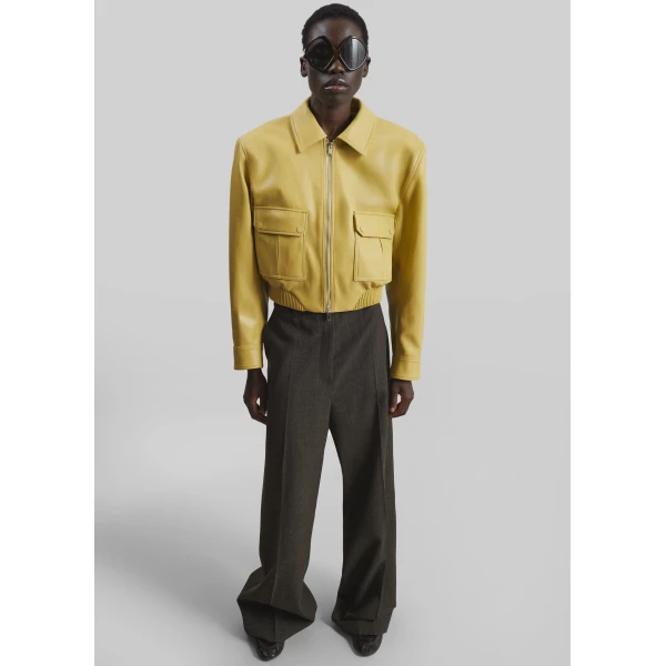 The Frankie Shop Denain Faux Leather Cropped Bomber Jacket - Yellow - Oversized Minimalist Jackets in Yellow - Shop at Luxury Shoes 