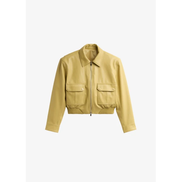 The Frankie Shop Denain Faux Leather Cropped Bomber Jacket - Yellow - Oversized Minimalist Jackets in Yellow - Shop at Luxury Shoes 