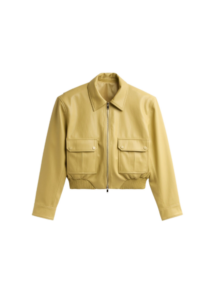 The Frankie Shop Denain Faux Leather Cropped Bomber Jacket - Yellow - Oversized Minimalist Jackets in Yellow - Shop at Luxury Shoes 