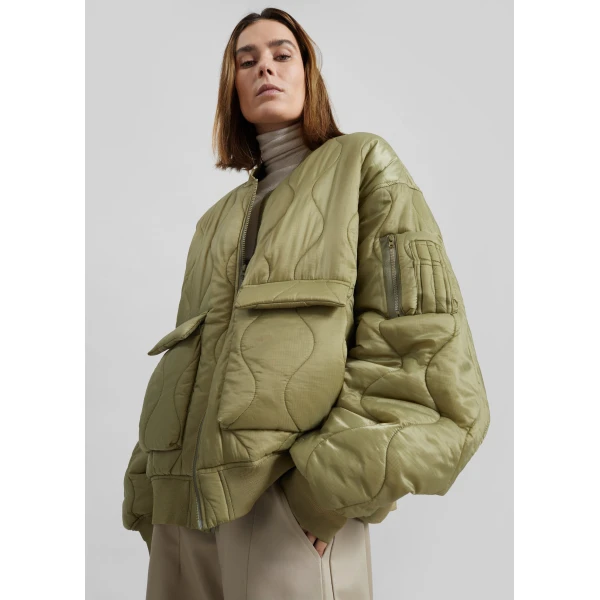 The Frankie Shop Halsey Quilted Bomber Jacket - Moss Green - Oversized Minimalist Jackets in Green - Shop at Luxury Shoes 