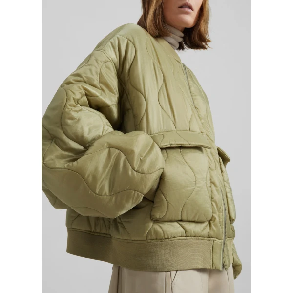 The Frankie Shop Halsey Quilted Bomber Jacket - Moss Green - Oversized Minimalist Jackets in Green - Shop at Luxury Shoes 