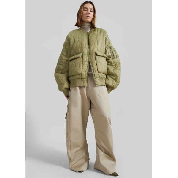 The Frankie Shop Halsey Quilted Bomber Jacket - Moss Green - Oversized Minimalist Jackets in Green - Shop at Luxury Shoes 