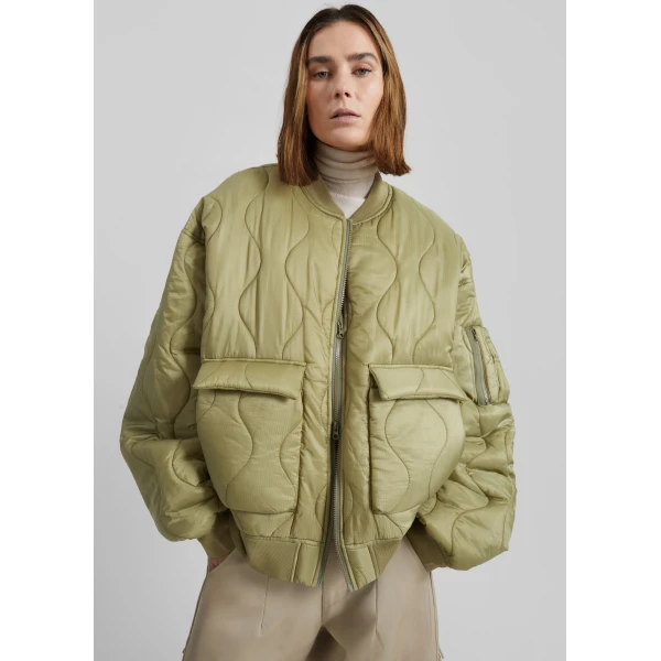 The Frankie Shop Halsey Quilted Bomber Jacket - Moss Green - Oversized Minimalist Jackets in Green - Shop at Luxury Shoes 