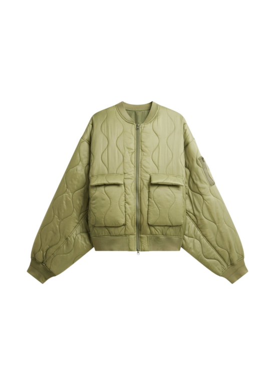 The Frankie Shop Halsey Quilted Bomber Jacket - Moss Green - Oversized Minimalist Jackets in Green - Shop at Luxury Shoes 