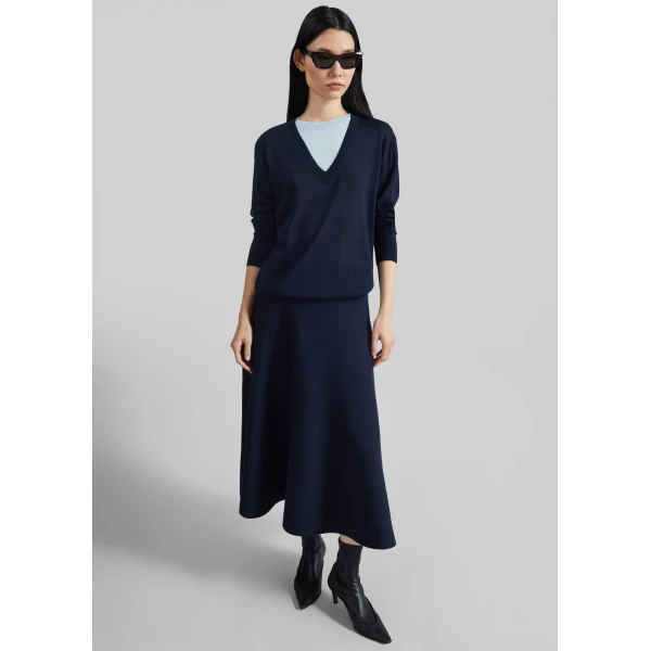 The Frankie Shop July Knit Midi Skirt - Navy - Oversized Minimalist Skirts in Blue - Shop at Luxury Shoes 