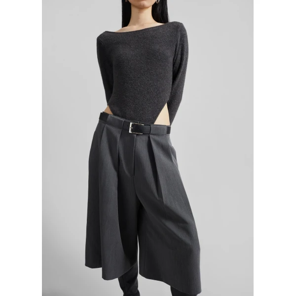The Frankie Shop Kalvo Belted Bermuda Shorts - Dark Grey - Oversized Minimalist Shorts in Grey - Shop at Luxury Shoes 