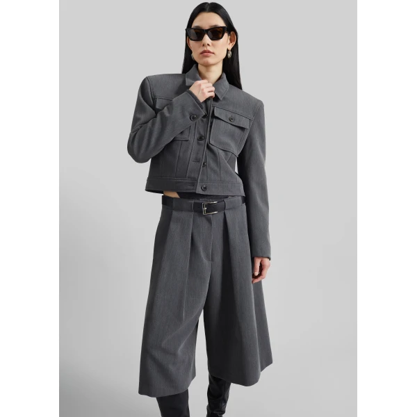 The Frankie Shop Kalvo Belted Bermuda Shorts - Dark Grey - Oversized Minimalist Shorts in Grey - Shop at Luxury Shoes 