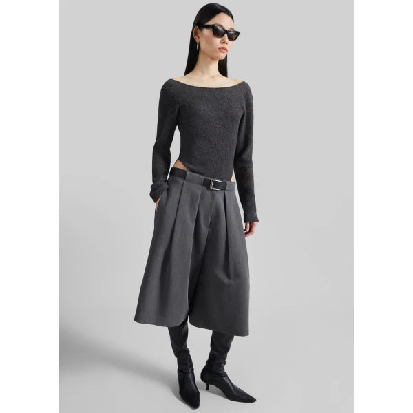The Frankie Shop Kalvo Belted Bermuda Shorts - Dark Grey - Oversized Minimalist Shorts in Grey - Shop at Luxury Shoes 