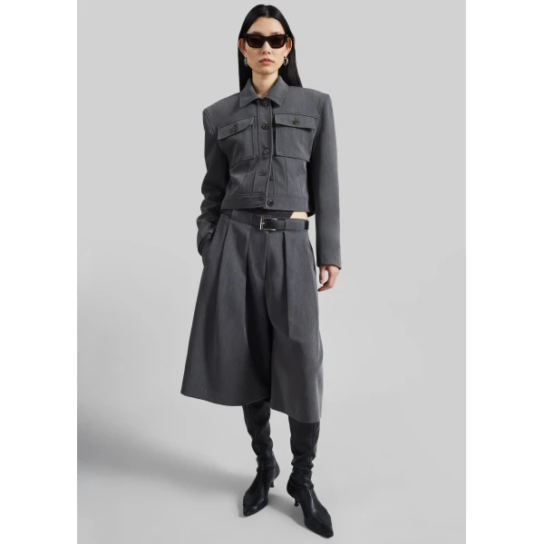 The Frankie Shop Kalvo Belted Bermuda Shorts - Dark Grey - Oversized Minimalist Shorts in Grey - Shop at Luxury Shoes 