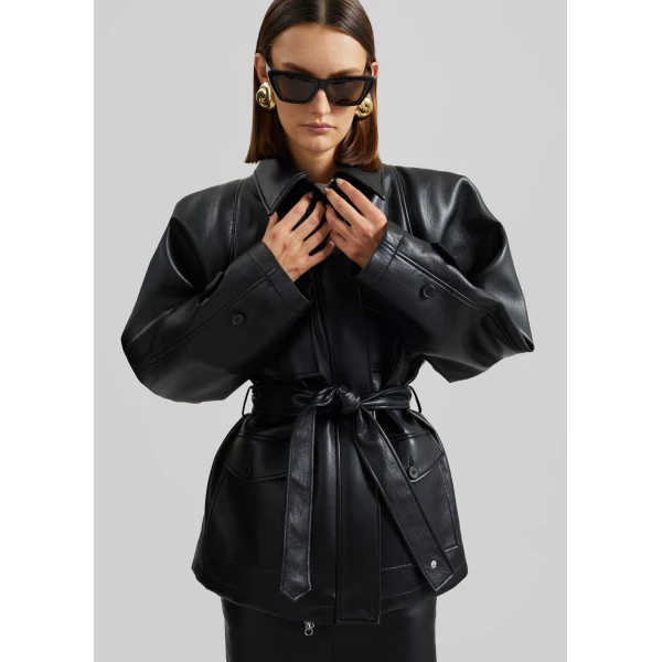 The Frankie Shop Kelia Faux Leather Padded Utility Jacket - Black - Oversized Minimalist Jackets in Black - Shop at Luxury Shoes 