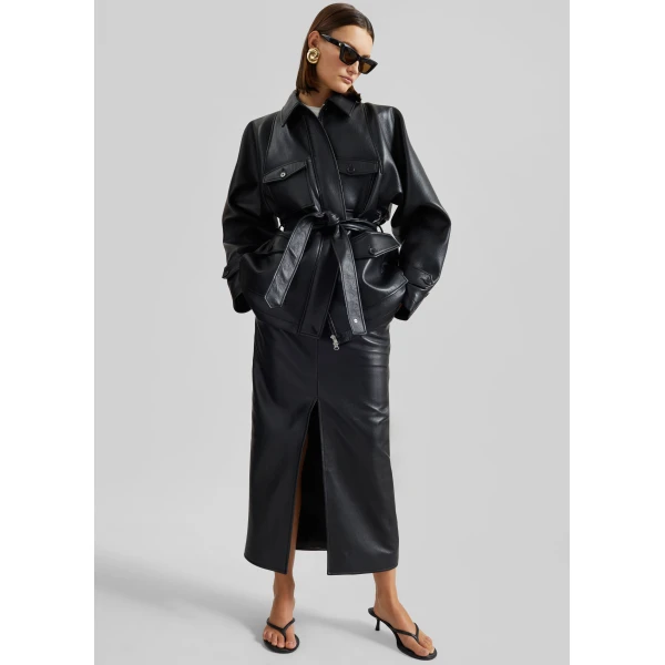 The Frankie Shop Kelia Faux Leather Padded Utility Jacket - Black - Oversized Minimalist Jackets in Black - Shop at Luxury Shoes 