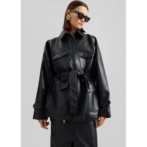 The Frankie Shop Kelia Faux Leather Padded Utility Jacket - Black - Oversized Minimalist Jackets in Black - Shop at Luxury Shoes 