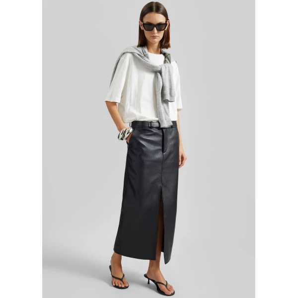 The Frankie Shop Maybelle Faux Leather Front Slit Pencil Skirt - Black - Oversized Minimalist Skirts in Black - Shop at Luxury Shoes 