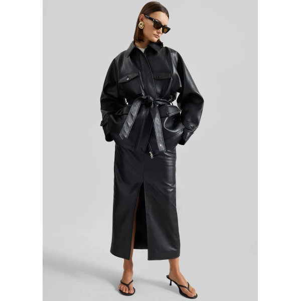 The Frankie Shop Maybelle Faux Leather Front Slit Pencil Skirt - Black - Oversized Minimalist Skirts in Black - Shop at Luxury Shoes 