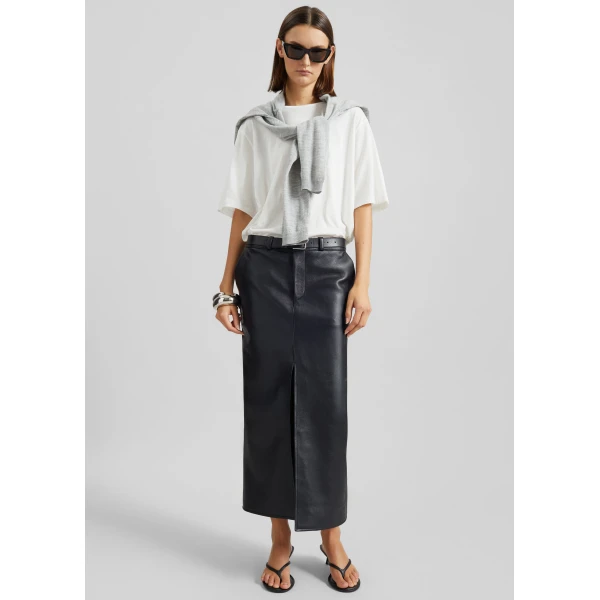 The Frankie Shop Maybelle Faux Leather Front Slit Pencil Skirt - Black - Oversized Minimalist Skirts in Black - Shop at Luxury Shoes 