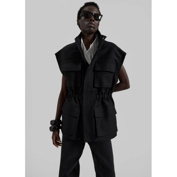 The Frankie Shop Melton Detachable Sleeve Cargo Jacket - Black - Oversized Minimalist Jackets in Black - Shop at Luxury Shoes 
